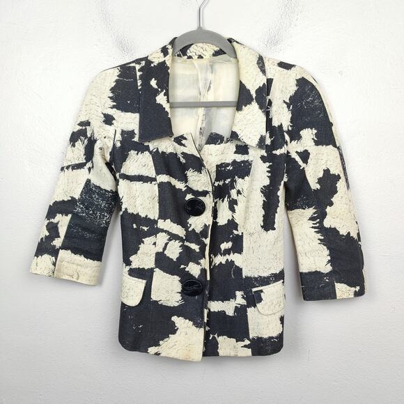 Giambattista Valli Linen Blazer Womens XXS 38 Black Cream Abstract Print‎ Preppy - Picture 1 of 11
